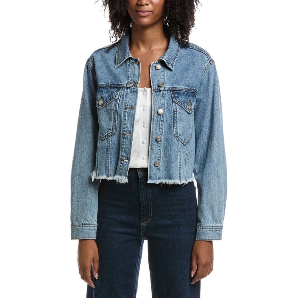 Current/Elliott Womens Drop Shoulder Cropped Denim Jacket, Blue